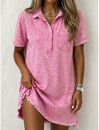  Mulheres Minivestido Vestido antigo Vestido casual Vestido de imitação de jeans Moda Básico Diário Ao ar livre Férias Ajuste Largo Tecido Manga Curta Colarinho de Camisa Azul Rosa Claro Preto Verão