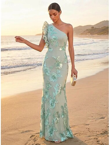  Schlauchkleid Bodenlang Abendkleid Festliche Kleidung Elegant Blumen Ärmellos Ein-Schulter Gartenparty Hochzeit Satin Tüll mit Spitze Gestickte Blume Stickerei