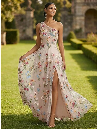  A-Linie Bodenlang Abendkleid Festliche Kleidung Elegant Blumen Ärmellos Ein-Schulter Gartenparty Hochzeit Satin Tüll mit Gestickte Blume Falten Schlitz