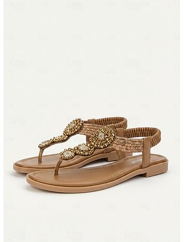  Sandalias bohemias marrones con tiras en T y cuentas para mujer con adornos florales, perfectas para salidas informales de verano y ropa de playa.