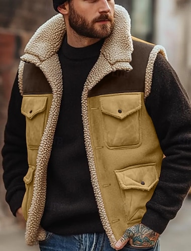  Herren Weste aus Wildlederimitat Fleeceweste Outdoor Lässig Täglich Mode Retro Herbst Winter Tasche Polyester Thermowarm Bequem Farbblock Reisverschluss Revers Normale Passform Braun Weste