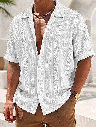  Herr Skjorta Konsistens Button Down skjorta Jacquardskjorta Blå Svart Vit Marinblå Purpur Kortärmad Ensfärgat Kavajslag Ledigt Dagligen Jacquard Kläder Streetwear Ledigt
