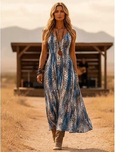  Damen-Midikleid im Western-Boho-Stil für Musikfestivals, A-Linien-Kleid, schulterfreies Kleid, Urlaubskleid, Freizeitkleid, Ausgehkleid, normale Passform, grafisches geometrisches abstraktes