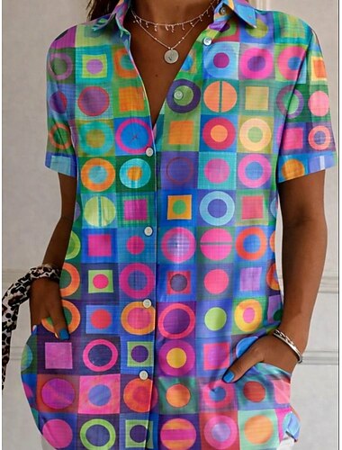  Dam Skjorta Button Down skjorta Casual skjorta Summer Tops Knappar Mönster Blommig Grafisk Vintage Stylish Modern Kortärmad Tröjkrage Långa toppar Dagligen Blå Vit och blå Regnbåge Sommar Vår Höst