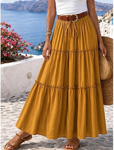  Dam Semesterkjol Mode Ledigt Maxi Hög midja Kjolar Solid färg Rynkad Snörning Volang Oelastisk Dagligen Semester Blå Violett Svart Gul Sommar