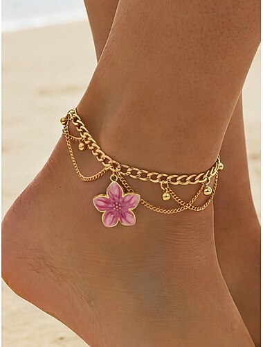  Cavigliera da donna boho con ciondolo a fiore in lega, catena a strati multicolore per vacanze al mare, resort estivi e abbigliamento casual di tutti i giorni.