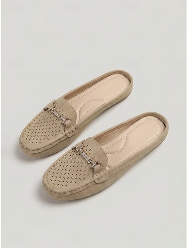  Khaki instappers voor dames – ademende, casual mocassins met strasssteentjes, comfortabele open schoenen om in te lopen of te reizen. &alledaagse kleding