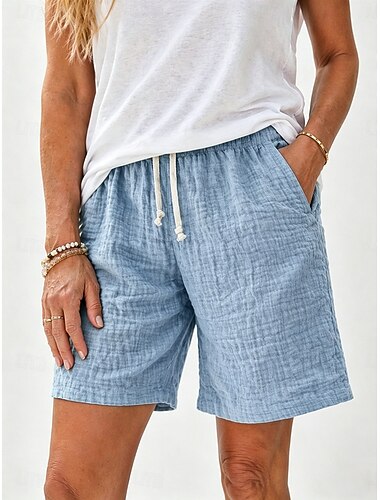  女性用 コットンリネンショートパンツ チノパン サマーショーツ ビーチショーツ 旅行度假风 ファッション クラシック 膝丈 ミディアムウエスト 純色 ドローストリング 弾性ウエスト ライトウェイト 高通気性 伸縮性なし 日常 アウトドア ストリートウェア ブルー ブラック カーキ色 アーミーグリーン 夏 春 レギュラー