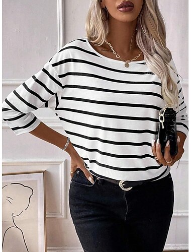  Per donna Blusa Top in pizzo A strisce Tinta unica Elegante Essenziale Classico Manica Corta Girocollo Top lunghi Casuale Quotidiano Bianco e nero bianco rosso Blu marino Estate Primavera