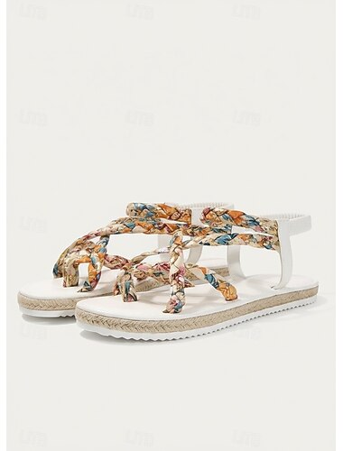  női fonott pántos lapos szandál – színes, bohó stílusú nyári strandcipők, kényelmes bebújós lábbelik hétköznapi kirándulásokhoz, nyaralásokhoz és mindennapi viselethez