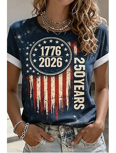  American Independence Day Women's T Shirt Print Graphic Flag Letter Vintage Fashion Stylish Short Sleeve Crew Neck Round Neck Long Tops Casual Daily Weekend Blue White Red / Blue Summer Spring Fall