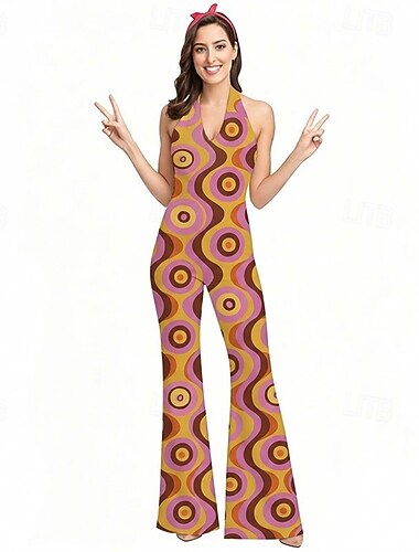  Retro Vintage Anos 70 Groovy Calça boca de sino Macacão Calças boca de sino Hippie Discoteca Geométrico Psicodélico Fantasia Mulheres Dia Das Bruxas Carnaval Férias Festival de Música Festival Adulto