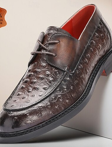  Sapatos derby masculinos de luxo, em couro genuíno marrom com textura de avestruz, modelo clássico com cadarço, ideais para homens de negócios, escritório, casamentos, banquetes e para um estilo refinado de cavalheiro.
