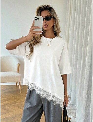  Mujer Elegant Sayo Camiseta Dobladillo asimétrico. Plano Elegante Bohemia Manga Corta Cuello Barco Tops largos Casual Negro Blanco Verano Primavera