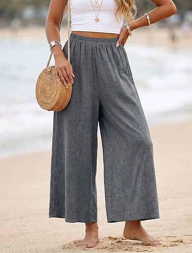  Dames Broek met linnenlook Breed Been Vakantie Basic Volledige lengte Hoge taille Comfortabel Vakantie Formeel Straat khaki Donkergrijs Zomer Lente
