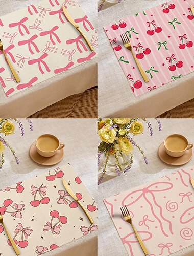  Tischset aus Polyester mit Schmetterlingsknotenmuster, waschbar, rutschfest, strapazierfähig und hitzebeständig, für den Esstisch, modernes Wohnaccessoire, saisonal verwendbar für Frühling, Sommer und