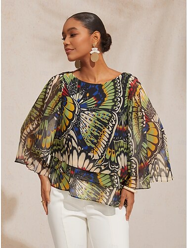  Flagrende chiffontopp med jungelmønster