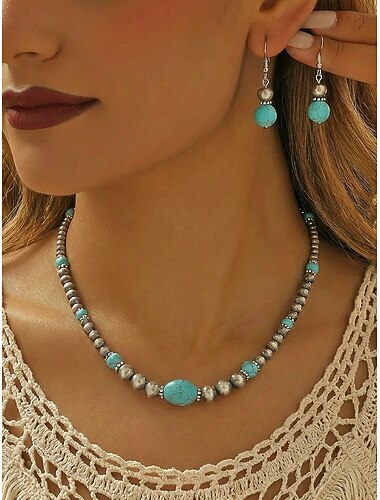  Conjunto de joyas bohemias de aleación turquesa para mujer, collar de cuentas y pendientes colgantes, ideal para vacaciones en la playa, uso diario informal, viajes y estilo resort.