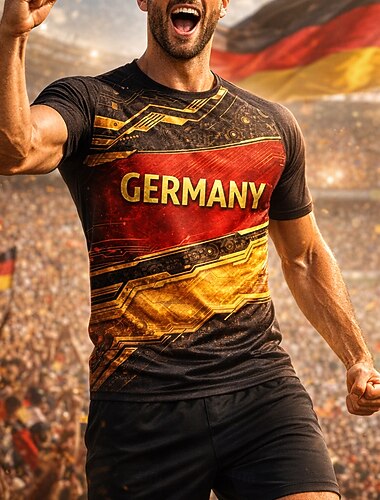  Voetbalshirt voor heren, geïnspireerd op Duitsland – zwart, rood en goud, technisch grafisch prestatieshirt met ademend, sneldrogend mesh-materiaal en UPF50+ bescherming voor toernooifans.