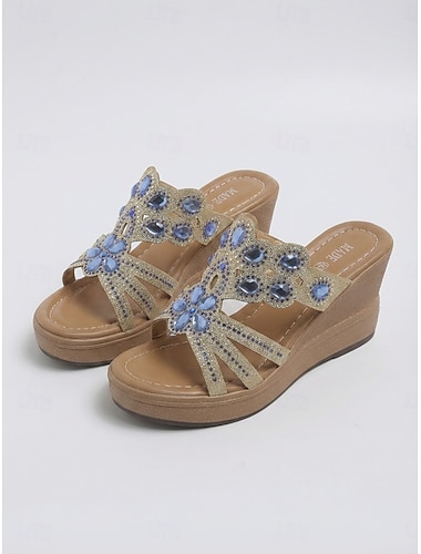  Sandales compensées à strass pour femmes – mules à plateforme ornées de fleurs scintillantes, chaussures d'été confortables pour les vacances en plein air, les promenades sur la plage et les séjours en station balnéaire