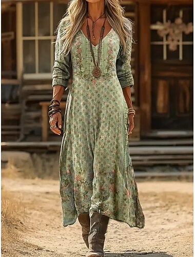  Dames Maxi-jurk Boho-jurk Vintage Jurk Casual jurk Vintage Ruim Passend Bloemig Lange mouw V-hals Zwart en Wit Ijsblauw Zwart Geel Zomer Lente