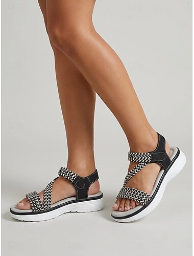  סנדלי נוחות שחורים לנשים עם רצועות קלועות - וו מתכוונן &סנדלי ספורט עם לולאה, נעלי הליכה קז'ואל קלות עם סוליה מרופדת לקיץ, טיולים &ללבוש יומיומי