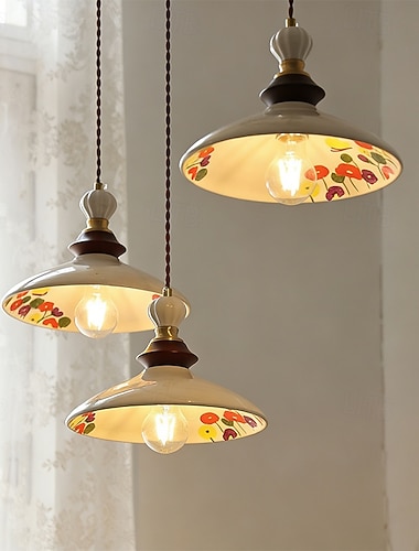  Traditionele Franse waaiervormige hanglamp met bloemenpatroon, gemaakt van rubberhout en keramiek, kegelvormig ontwerp, 1-lichts E26 fitting, geschikt voor woonkamer, keuken en eetkamer (110-240V).