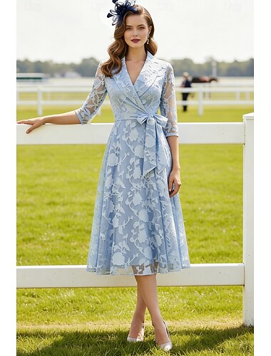  A-linje Te-lengde Blazer kjoler Formell kjole Kjole til brudens mor Langermet Skjortekrage Elegant Årgang Formell Bryllupsgjest Kentucky Derby Chiffon Sateng Jacquard med Sløyfe(r) Plissert Blomst