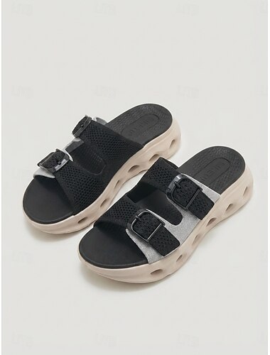  naisten mustat kaksoissoljella varustetut sandaalit – hengittävät neulotut holvituet urheilusandaalit, rento ja mukava slip-on kesäksi, matkoille &jokapäiväinen käyttö