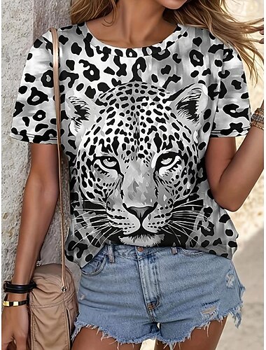  Mulheres Camiseta Imprimir Gráfico Leopardo Vintage à moda Casual Manga Curta Gola Redonda Decote Redondo Tops regulares Casual Diário Preto Arco-íris Verão Primavera