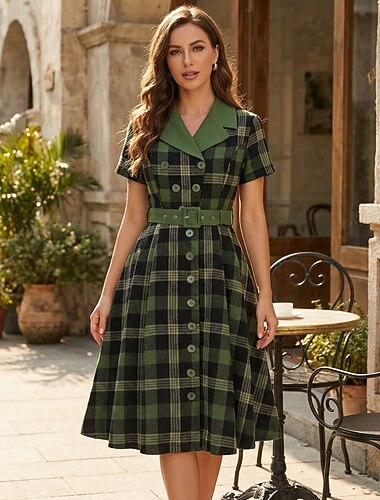 Винтаж 1950-е года Рокабилли Полдень Платья Короткие рукава С ремнем Клетчатый / пестрый Отложной Маскарадный костюм Жен. Повседневные На каждый день Чаепитие Взрослые Платье Весна лето
