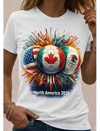  Wereldvoetbalwedstrijd 2026 dames t-shirt print grafische vlag letter vintage mode stijlvol korte mouwen ronde hals normale tops dagelijks weekend wit wit 2 wit 3