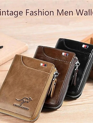  Paquete de 3 carteras de hombre estilo vintage con cremallera, plegables y con bolsillo para monedas. &Cartera de negocios de gran capacidad con múltiples ranuras para tarjetas, de piel sintética de