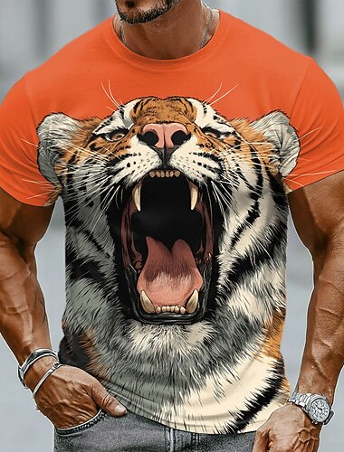  férfi vad ordító tigris nyitott szájjal, éles fogakkal, nagymacska, vadvilág, grafikus póló, kerek nyakú, rövid ujjú, narancssárga, normál szabású, hétköznapi utcai viselet, designer ruházat, s m l xl