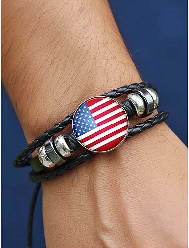  menns legering &Armbånd i lærblanding, amerikansk flaggdesign, justerbar størrelse, patriotisk stil, ideell for amerikanske 50-årsjubileum, uavhengighetsdag, hverdagslig uformell &sportsklær