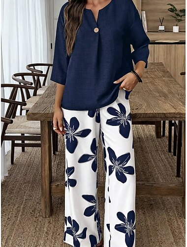  Damen Zweiteilige Sets Hosen-Sets Dreiviertelarm V Ausschnitt Blumen Grafik Druck Täglich Stilvoll Lässig Täglich Urlaub Blau Purpur Orange Sommer Normale Passform