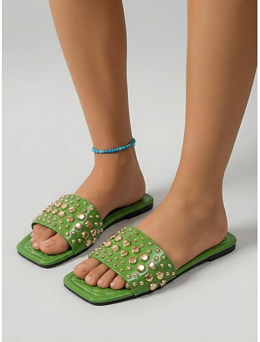  Női Vakáció Tengerparti nyaralás Szegecs Lapos Szögletes orrú Szabadság Műbőr Papucs Fekete Zöld Bézs