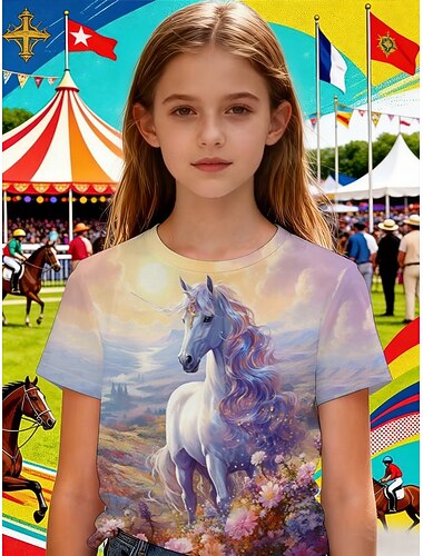  Kentucky Derby Mädchen 3D Grafik Pferd T-Shirt Kurzarm 3D-Druck Sommer Frühling Sport Mode Streetwear Kinder 4-12 Jahre Rundhalsausschnitt Lässig Täglich Outdoor Normale Passform
