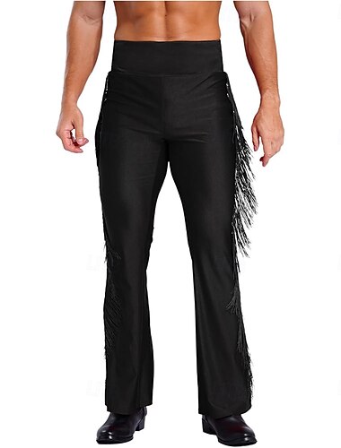  Calças pretas masculinas para dança latina com franjas - calças boca de sino de cintura alta com franjas para salsa e dança de salão. & desempenho