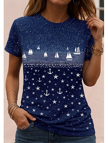  t-shirt da donna stampa ancora sfumata grafica oceano vintage elegante classico manica corta girocollo collo lungo top quotidiani blu bianco bianco 2 estate primavera autunno inverno