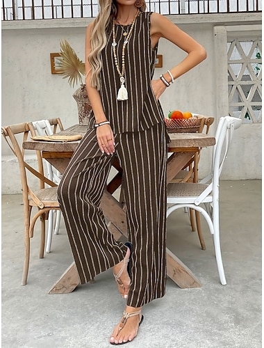  Mulheres Moletom Conjuntos de calças Sem Manga Decote Redondo Listrado Imprimir Moda Roupa de rua Casual Diário Ao ar livre Marron Verão Ajuste Largo