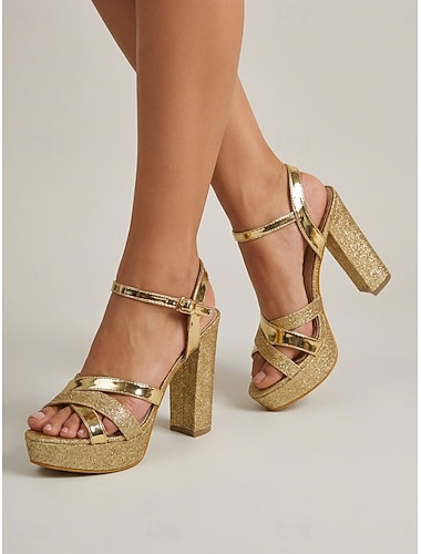  Sandali da donna con plateau e glitter dorati anni '70 - eleganti tacchi alti da discoteca con tacco a blocco spesso &finitura metallica con lacci per feste in stile retrò &discoteche