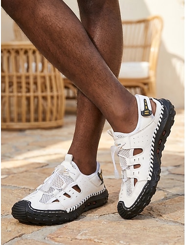  hvite sportsandaler for menn med snøring, lette og komfortable tursko for utendørsaktiviteter på feriesteder, feriereiser, fritid på feriesteder, sommeraktiviteter og avslappet hverdagsstil