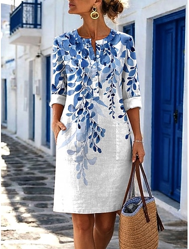  Damen Knielanges Kleid Freizeitkleid Vintage Lässig Ferien Normale Passform Blumen Grafik Langarm Rundhalsausschnitt Blau Rote Purpur Grün Sommer Frühling