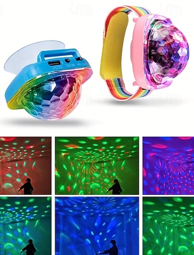  Mini boule disco lumineuse activée par le son, guirlande lumineuse LED RGB portable USB avec bracelet &Ventouse pour voiture de DJ enfant, lumière d'ambiance à couleurs changeantes, cadeau