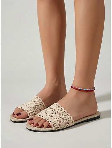  Sandales plates en dentelle crochetée crème pour femmes - élégantes pantoufles plates à broderie florale pour des vacances dans des hôtels de luxe ou des escapades à la plage &détente estivale dans