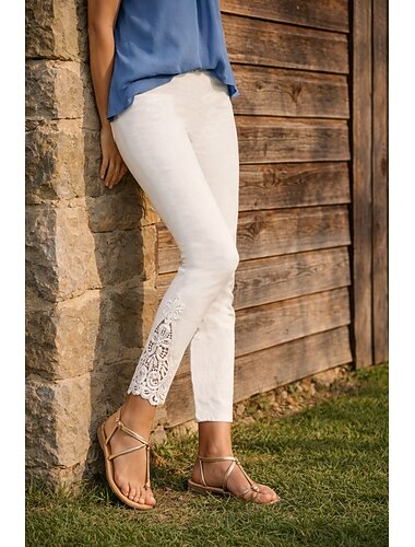  Жен. капри шорты Леггинсы Уютные леггинсы Отпуск Мода прибрежный стиль бабушки По щиколотку Нормальная Однотонный Кружева Комфорт Эластичная Повседневные На каждый день Черный Белый Цвет золы