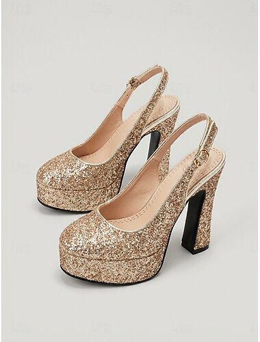  Décolleté da donna anni '70 con plateau e glitter dorati, perfette per feste retrò e serate in stile Studio 54. &ballo in discoteca