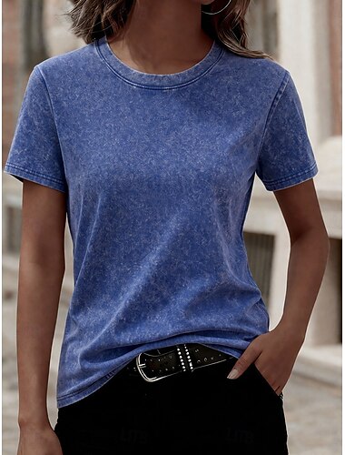  Dam T-shirt i 100 % bomull, vintage-modell, tvättad, toppar, mode, snygg, klassisk, kortärmad, rund hals, långa toppar, avslappnad, vardag, strand, rosa, röd, blå, gräsgrön, svart, orange, sommar, vår