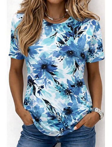  Damen T Shirt Druck Ombre Blumen Grafik Stilvoll Klassisch Lässig Kurzarm Rundhalsausschnitt Rundhals Normale Oberteile Lässig Täglich Blau Weiß / blau Weiß Sommer Frühling Herbst
